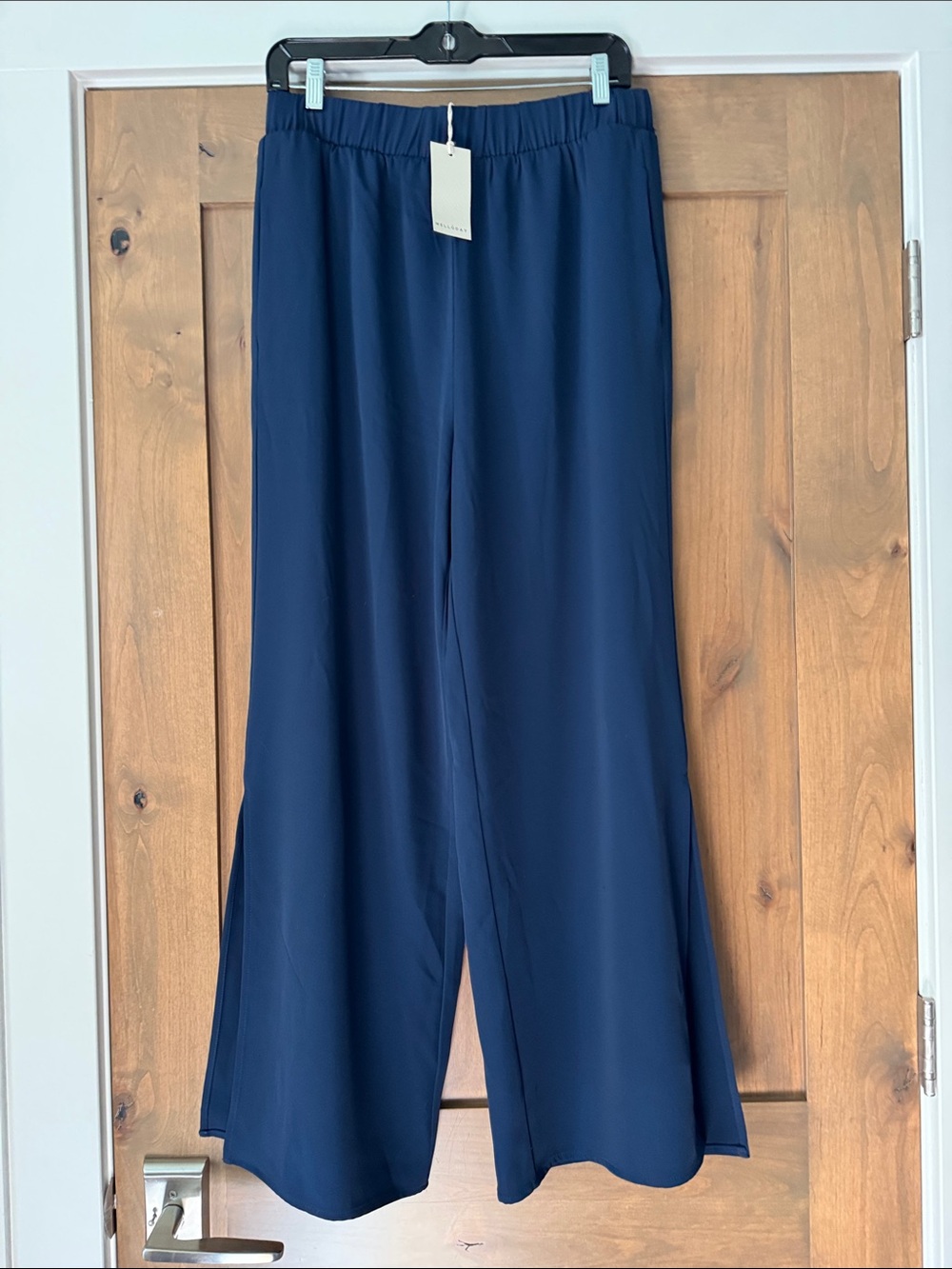 NWT MELLODAY Navy Wide-Leg Split Hem Flowey Pants Womens L Pull on Beachy Flowey